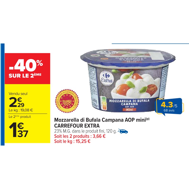 Mozzarella di Bufala Campana AOP mini CARREFOUR EXTRA Cora Apéro