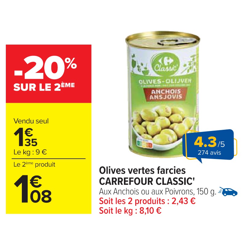 Olives vertes farcies CARREFOUR CLASSIC' Cora Apéro