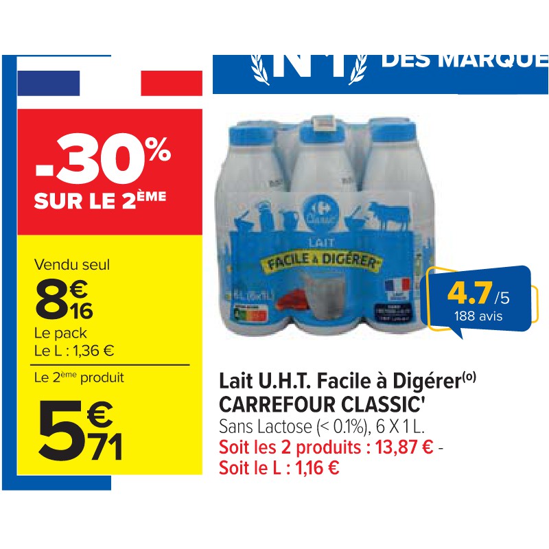 Lait U.H.T. Facile à Digérer CARREFOUR CLASSIC'