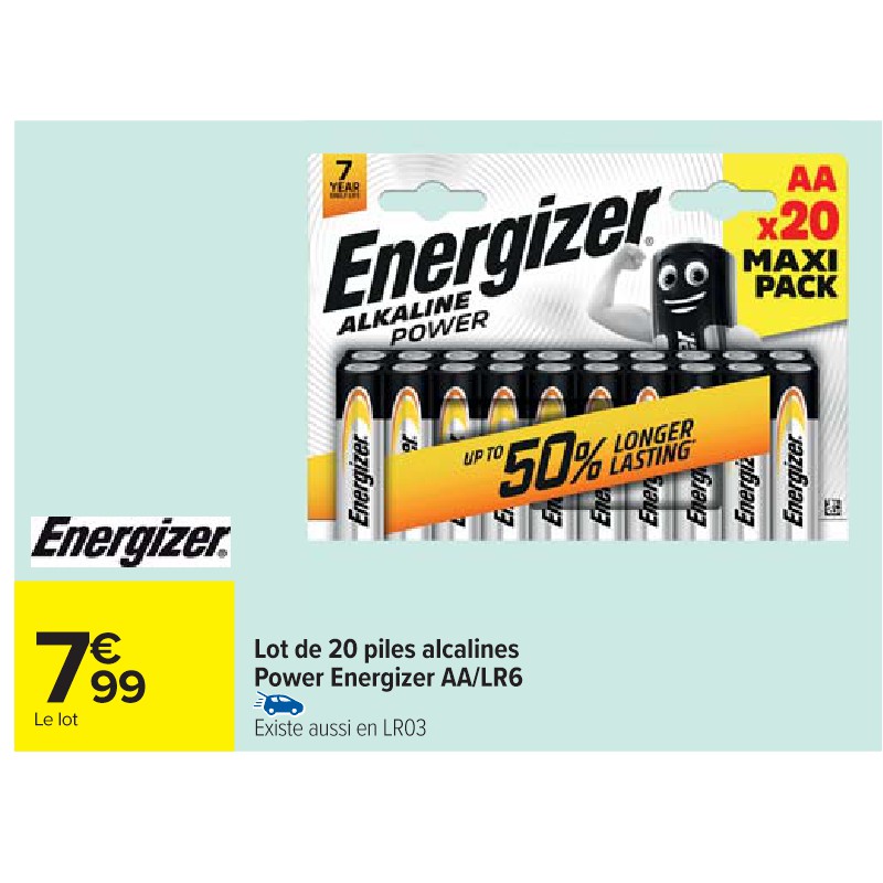 Lot de 20 piles alcalines Power Energizer AA/LR6