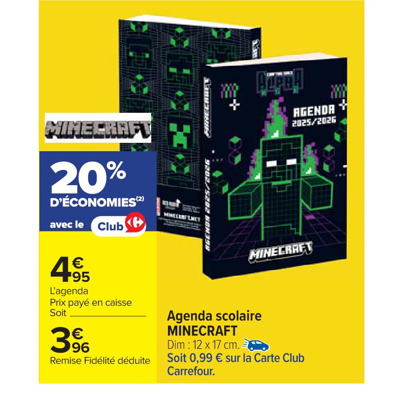 Agenda scolaire MINECRAFT Cora La rentrée à petit prix